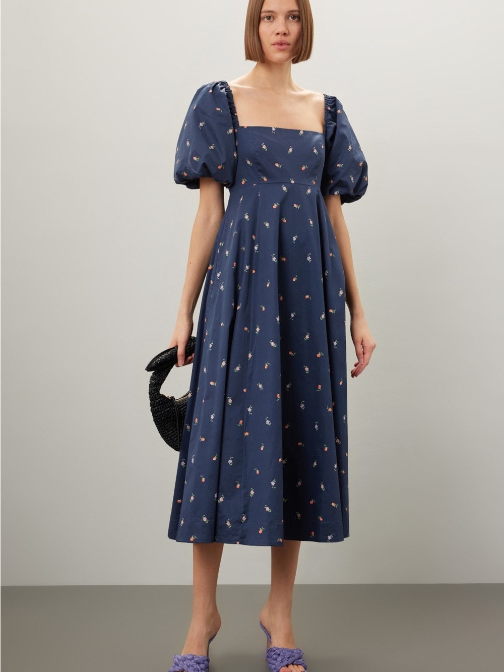 Hill House Navy Floral Square-Neck Midi Dress with Puff Sleeves size L
